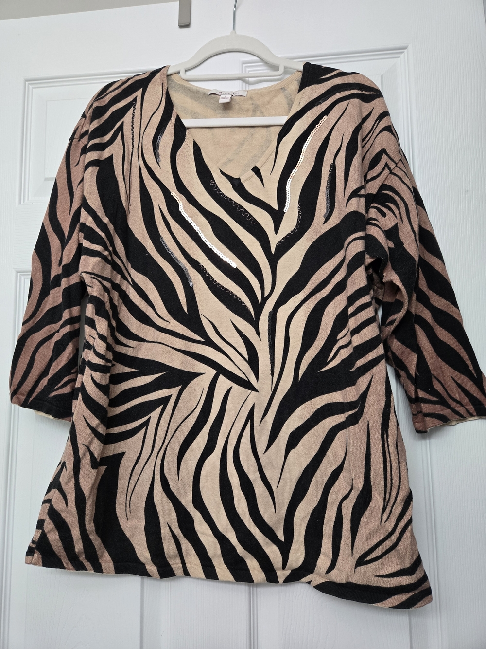 JM Collection Beige and Black Zebra-Print V-Neck Tunic